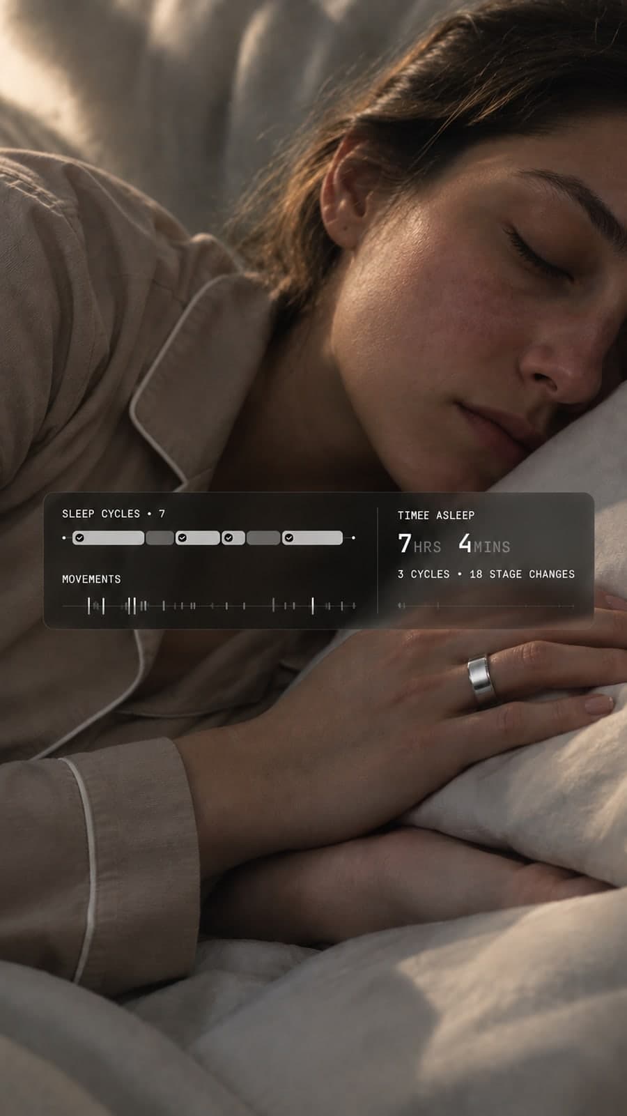 Asleep, sleep cycles tracked on a ring